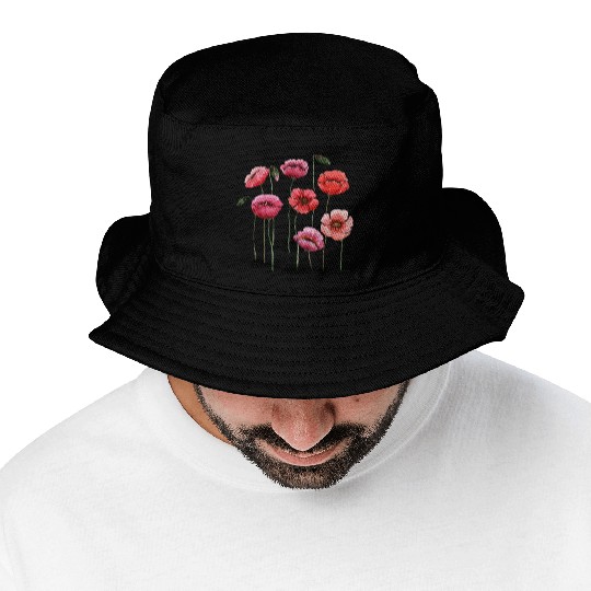 Poppies, spring bloomers, summer, flower, vintage. Bucket Hats