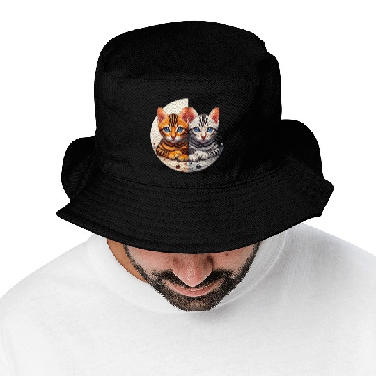 Bengal Kittens Black White Background Bucket Hats
