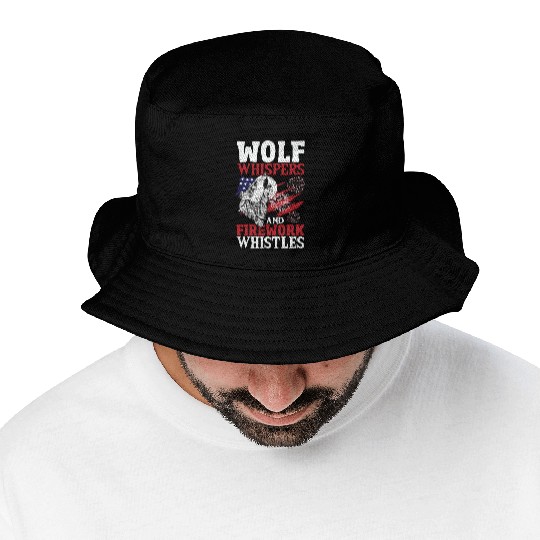 Howling Wolf White Stars Red Stripes American Bucket Hats