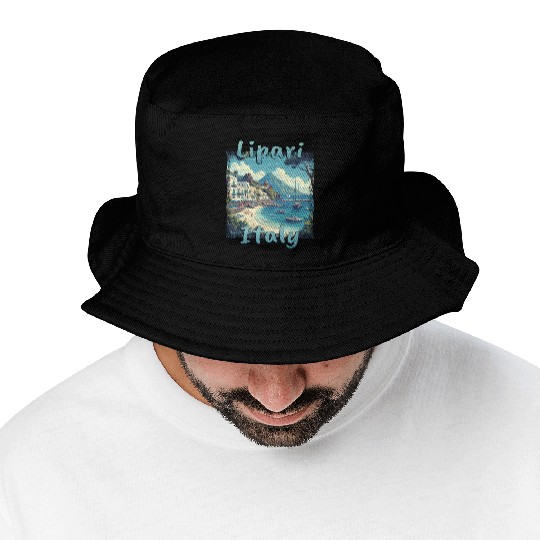 Lipari Italy Grunge Beach Mountains Bucket Hats