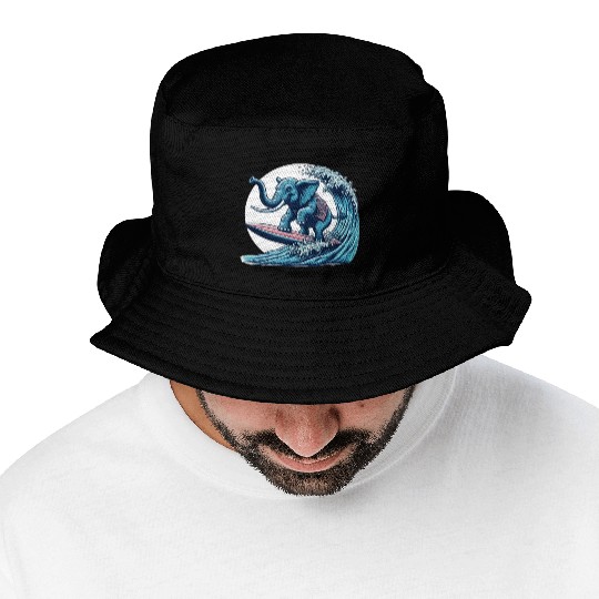 Surfing elephant Bucket Hats