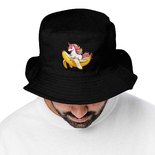 Unicorn rides banana Bucket Hats