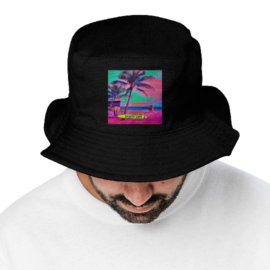 Neon Beach Life Scene 90's Vibes - Surfboard, Sand Bucket Hats