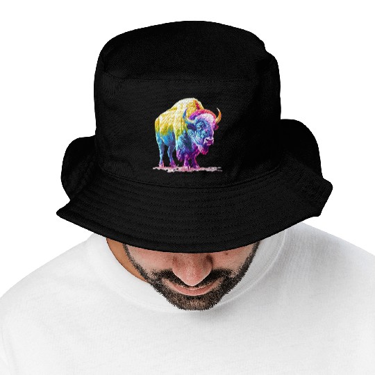 Vibrant Rainbow Buffalo Artwork Bucket Hats