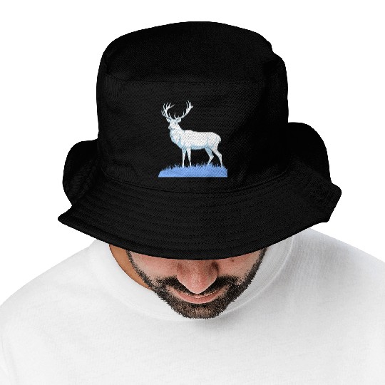 White Stag Deer Standing In Grass Bucket Hats