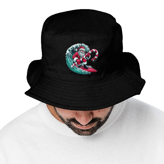 Santa Surfing Candy Cane Wave - Christmas Gifts Bucket Hats