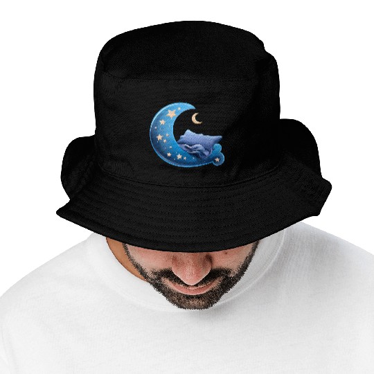 Cartoon Sleep Icon Moon and Bed for Sleep Bucket Hats