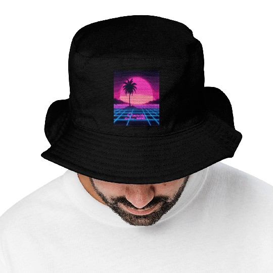 Chasing Sunsets Synthwave Bucket Hats - Retro Neon Bucket Hats