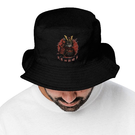 Samurai Cat Warrior – Japanese Red Sun Armor Art Bucket Hats