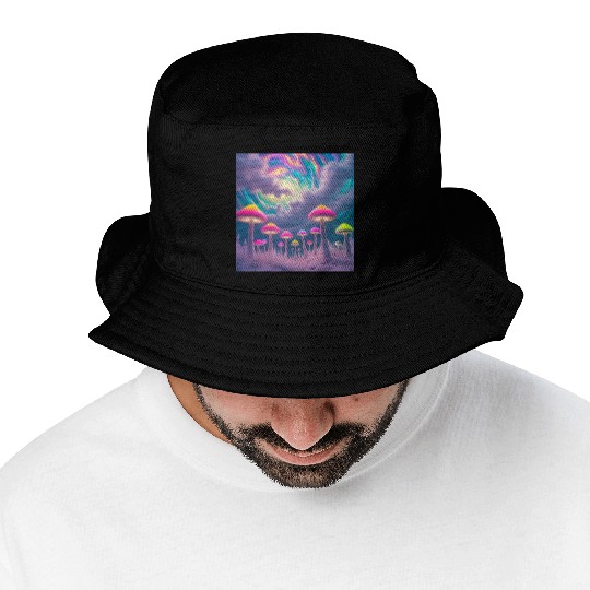 Neon Mushroom Forest – Psychedelic Minimalist Bucket Hats