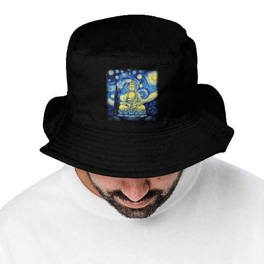 Starry Night Buddha Zen Art Inspired by Van Gogh Bucket Hats