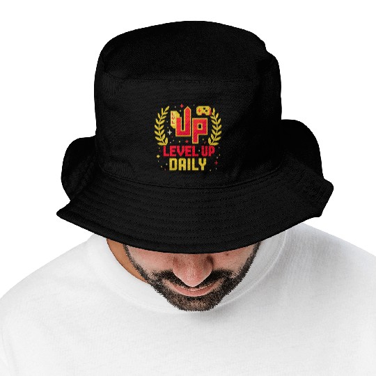 Level Up Daily Gaming Lifestyle Motivation Graphic Bucket Hats