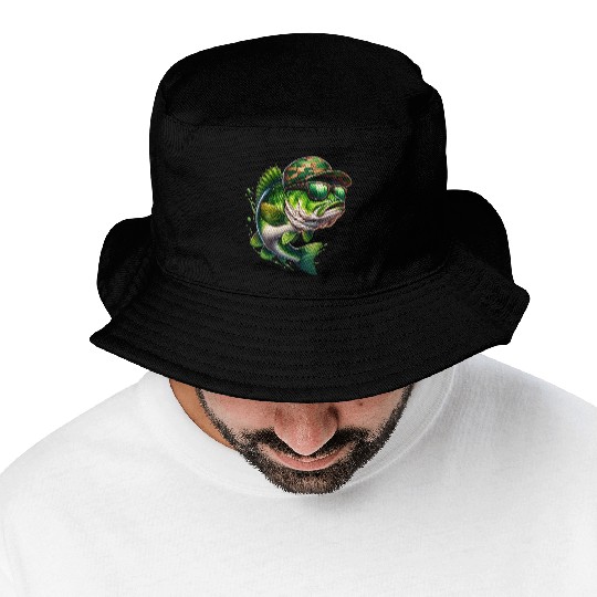 Camo Hat Bass Fish with Green Sunglasses Bucket Hats