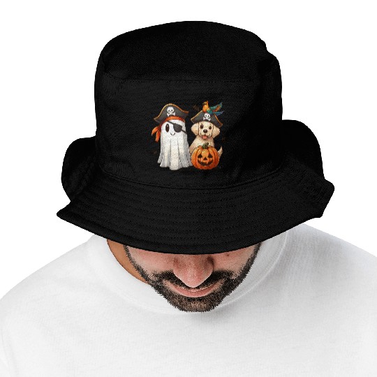 Pirate Pup and Ghostly Pumpkin Halloween Design Bucket Hats