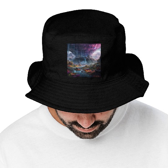 Alien Planet: Fantasy Mountain Cityscape Bucket Hats