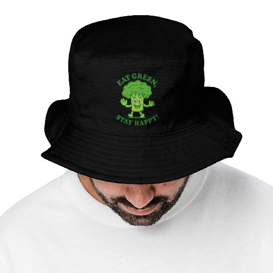Eat Green Stay Happy Broccoli Character Bucket Hats