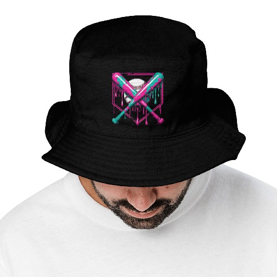 Neon Baseball Bat and Ball Art Bucket Hats