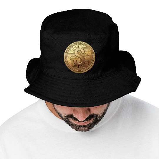 Golden Bitcoin Design Bucket Hats