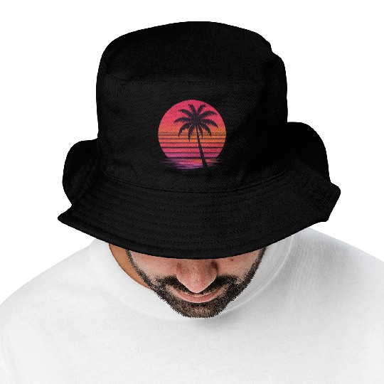 Tropical Sunset Palm Silhouette Bucket Hats