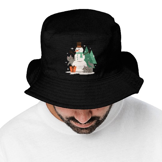 Festive Snowman with Cats and Pine Trees Bucket Hats