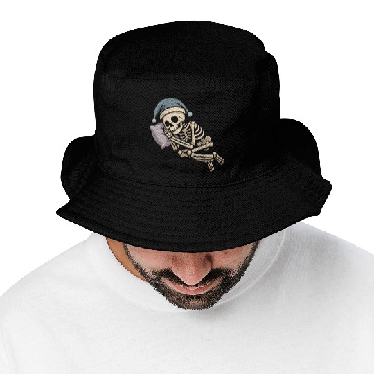Festive Skeleton Relaxing in Holiday Gear Bucket Hats