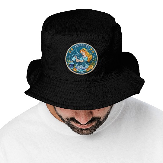 Aquarius Stylish Watercolor Zodiac Illustration Bucket Hats