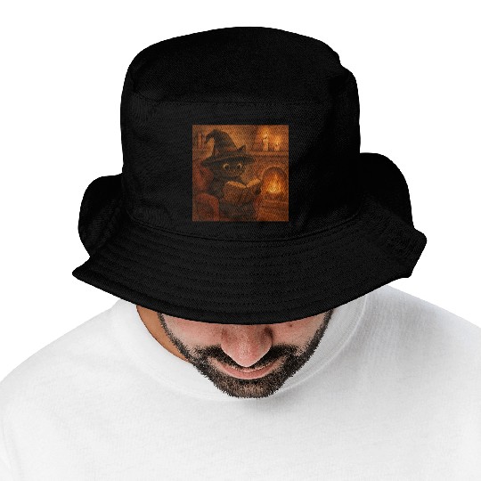 Enchanted Cat Witch by the Fireplace Bucket Hats