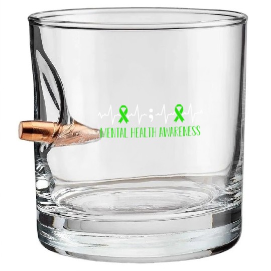 Green Ribbon Heart Beat Mental Health Awareness Bullet Whiskey Glasses