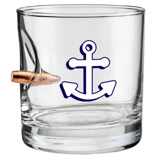 Nautical boat anchor in navy blue and white 3D Bullet Whiskey Glasses