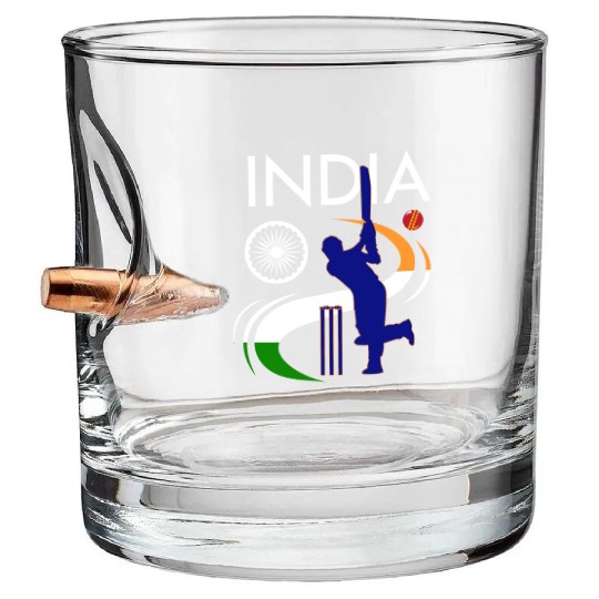 India Cricket With Indian Flag Brush Stroke Bullet Whiskey Glasses