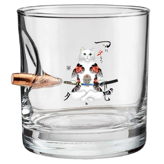 Japanese Samurai Cat Katana Ninja Yakuza Tattoo Bullet Whiskey Glasses