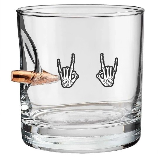Skeleton Hands Rock N Roll Sign of the Horns Corna Bullet Whiskey Glasses
