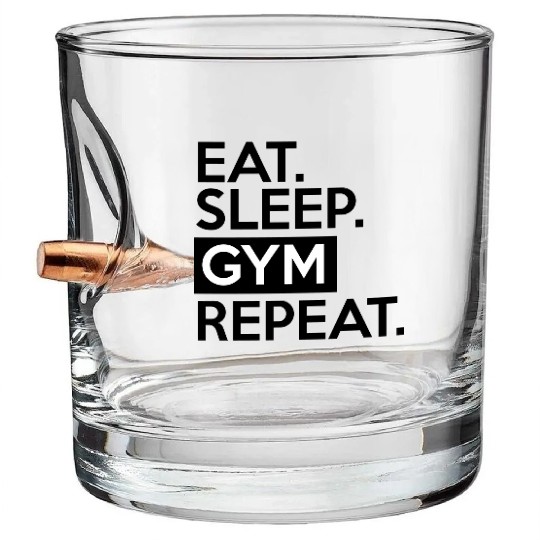 Eat Sleep Gym Repeat, fitness, workout, exercise Bullet Whiskey Glasses