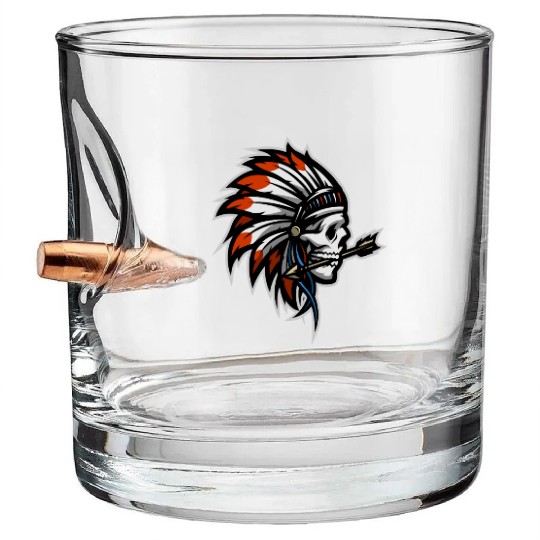 Native American Indian Headdress Skull Bullet Whiskey Glasses