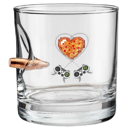 Pizza Is My Video Game Controller Heart Valentines Bullet Whiskey Glasses