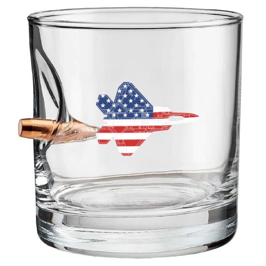 F-22 Raptor Fighter Jet Airplane American Flag F22 Bullet Whiskey Glasses