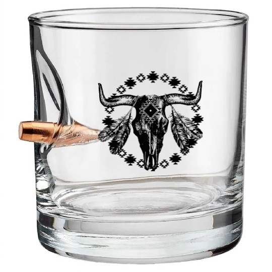 Vintage Cow Bull Skull Boho Southwestern Aztec Fea Bullet Whiskey Glasses