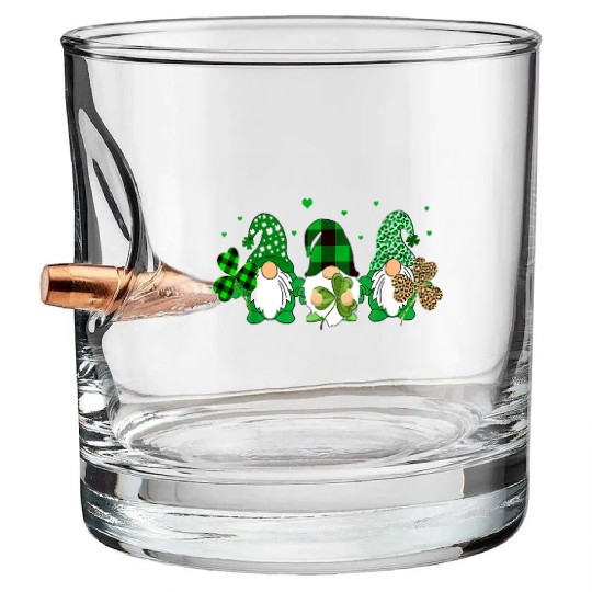 Three Gnomes Holding Shamrock Leopard Plaid Bullet Whiskey Glasses