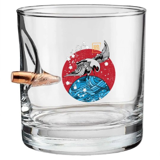 Two Asian Koi Fish on Waves Mountain Bullet Whiskey Glasses