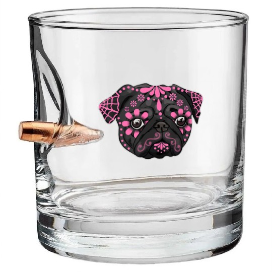 Black Pug Dogs Day of the Dead Sugar Skull Dog Bullet Whiskey Glasses
