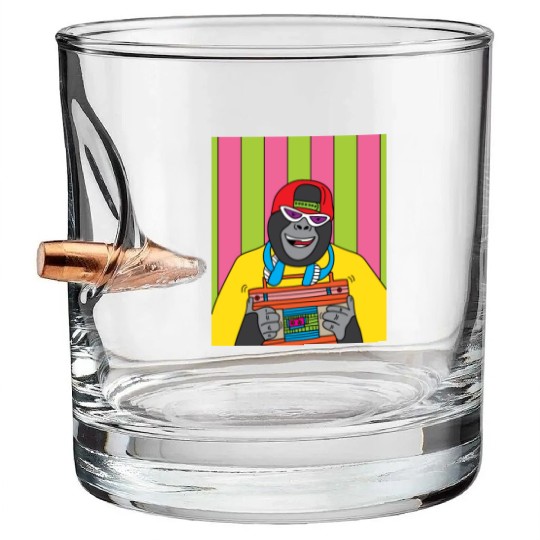 Retro Gorilla Monkey With Radio Music Bullet Whiskey Glasses