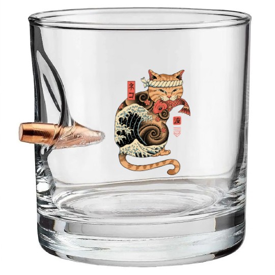 Funny Japanese Catana Wave Eating Koi Fish Bullet Whiskey Glasses