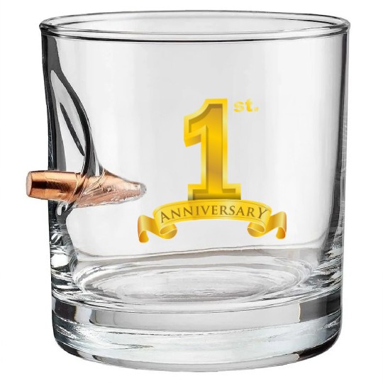 first 1st anniversary. big number and ribbon text Bullet Whiskey Glasses