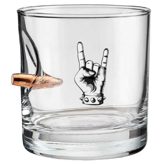 Rock And Roll Finger Sign Music Cool Rock Band Pun Bullet Whiskey Glasses