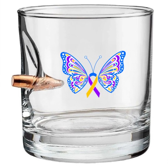 Bladder Cancer Purple Yellow Blue Ribbon Butterfly Bullet Whiskey Glasses