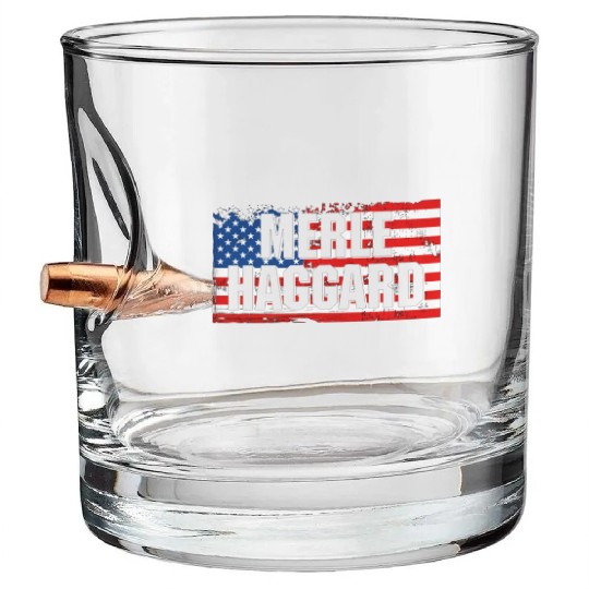 Vintage Graphic Merle Haggard On Flag Bullet Whiskey Glasses