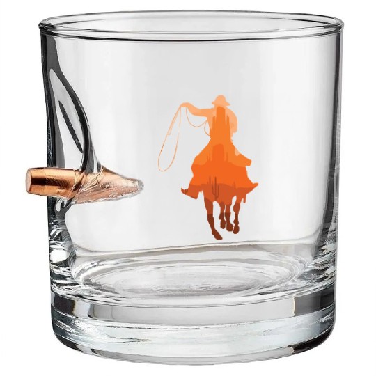 Cowboy Sunset Vintage Western Landscape Horseback Bullet Whiskey Glasses