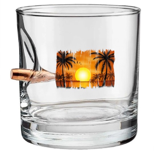 Retro Sunrise, Beach, Palm Trees, Vacation Bullet Whiskey Glasses