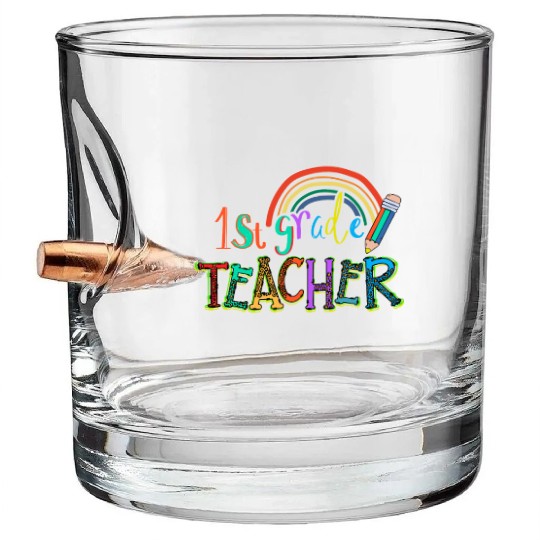 Leopard 1st Grade Teacher Rainbow Bullet Whiskey Glasses