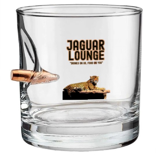 JAGUAR LOUNGE "Drinks On Us, Food On You" FUNNY Bullet Whiskey Glasses